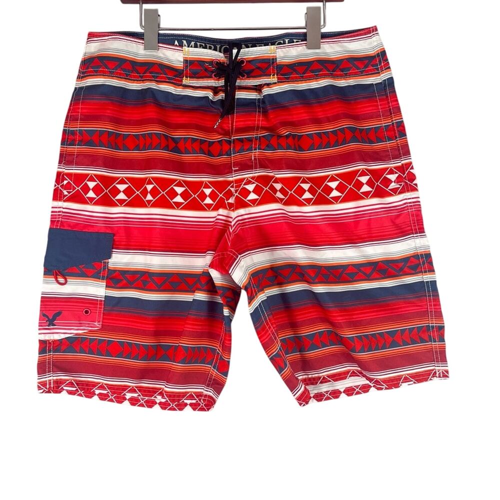 American Eagle Board Shorts Swim Trunks Mens Large Red Orange Aztec Beach Spring